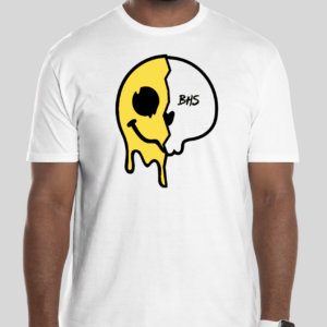 The Melting Face t-shirt features the classic happy face emoji split in half with one side melting and the other side melted to the bone. The raw BHS logo is applied to the back of the t-shirt.